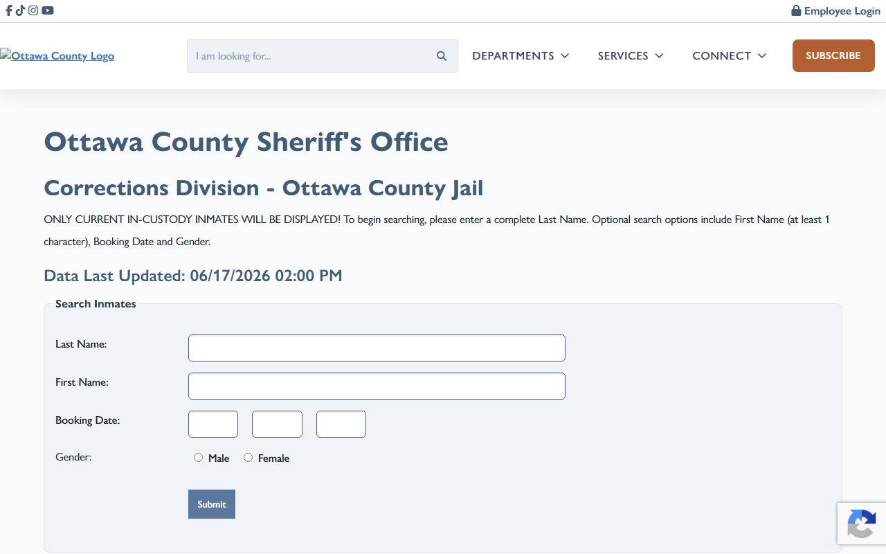 Ottawa County inmate population current-custody lookup form