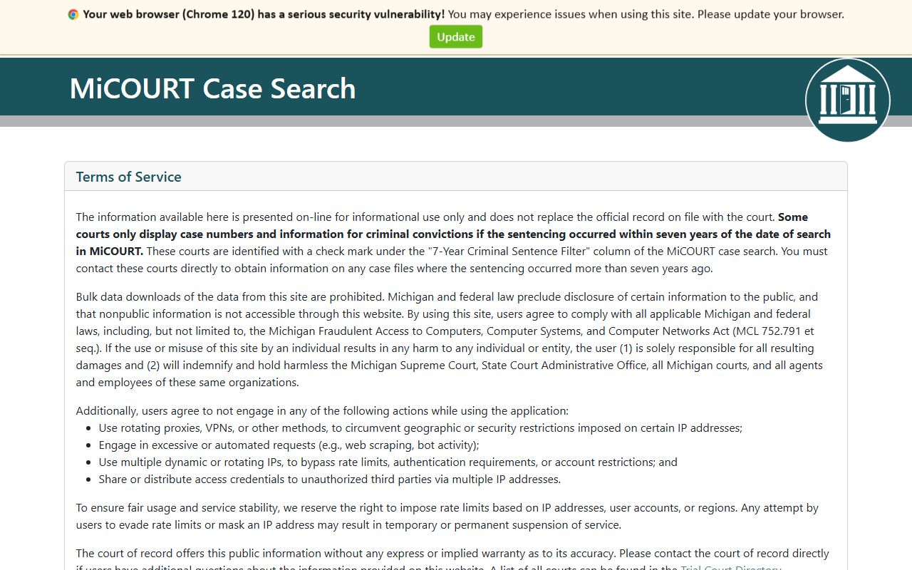 Ottawa County court records after arrest MiCOURT case search interface